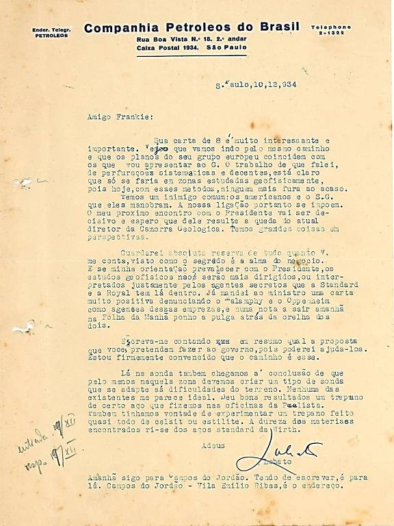 Em carta a Charles Frankie (10 dez. 1934), Lobato afirma que ambos têm um inimigo comum: os americanos.