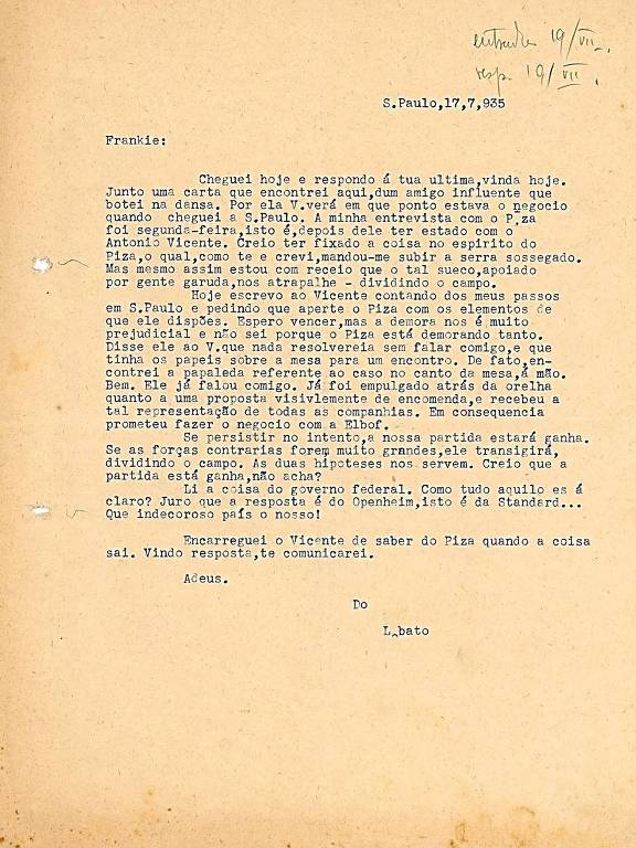 Carta de Monteiro Lobato a Charles Frankie, 17 jul. 1935