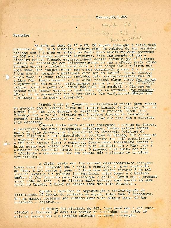 Carta de Monteiro Lobato a Charles Frankie, 30 jul. 1935