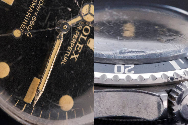 In an undated combo image provided by Hodinkee, details of a 1966 Rolex Submariner, reference 5513, featuring a gilt, meters-first dial; a "long 5" bezel; a so-called Bart Simpson crown logo; and plenty of patina. As tattooed rockers, tech bros and Instagram influencers pile into the tweedy world of watch collecting, prices for sought-after classics from brands like Rolex, Omega and Patek Philippe are shooting up. Is it an investment opportunity, or a Bitcoin-esque bubble? (Greyson Korhonen/Hodinkee via The New York Times) -- NO SALES; FOR EDITORIAL USE ONLY WITH NYT STORY FIRST WATCH-INVESTING BY WILLIAMS FOR MARCH 20, 2019. ALL OTHER USE PROHIBITED. --