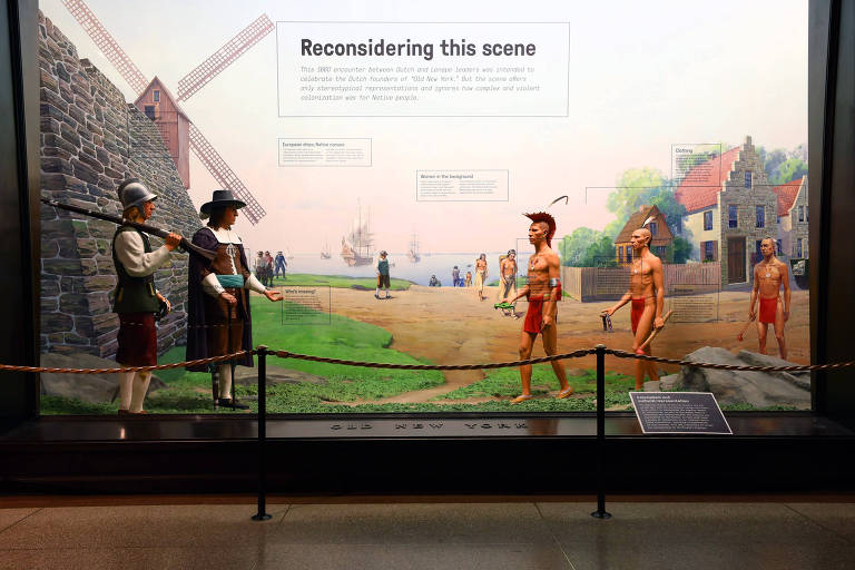 A diorama depicting a meeting between Peter Stuyvesant, the Dutch colonial governor of New Netherlands, and representatives of the Lenape tribe at the American Museum of Natural History in New York on March 11, 2019. The diorama was amended in a way that allows museumgoers to see the historical inaccuracies it perpetuates. (Andrea Mohin/The New York Times)