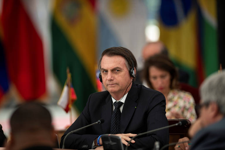O presidente da República, Jair Bolsonaro, durante encontro em Santiago, no Chile 