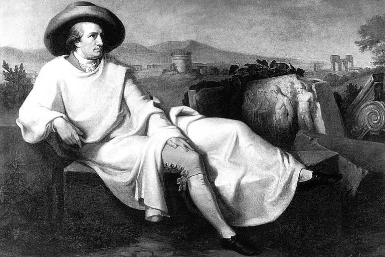 Quadro a óleo de J.H.W. Tischbein, de 1848, que mostra o escritor Goethe em sua viagem à Itália