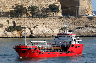 The merchant ship Elhiblu 1 arrives in Senglea in Valletta's Grand Harbour, Malta