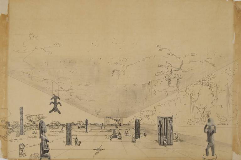 Perspectiva do Museu de Arte de São Paulo indicando ocupação do belvedere com esculturas