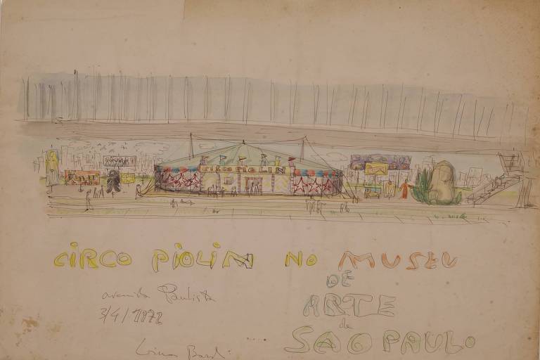 Perspectiva do belvedere do Masp indicando a instalação do circo Piolim