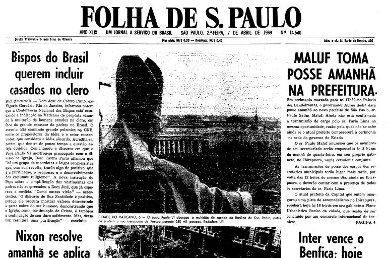Primeira página da Folha de S.Paulo de 7 de abril de 1969