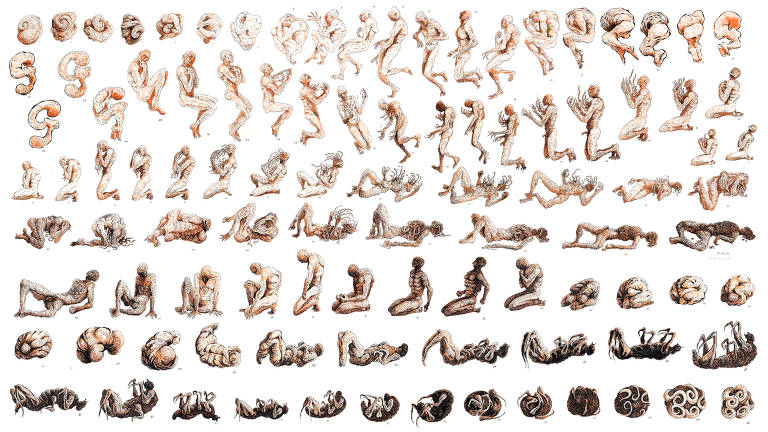 Ilustração de Lourenço Mutarelli para edição de ‘A Metamorfose’, obra de Kafka relançada pela Antofágica, mostra o protagonista da trama se transformando em uma barata&#8194;