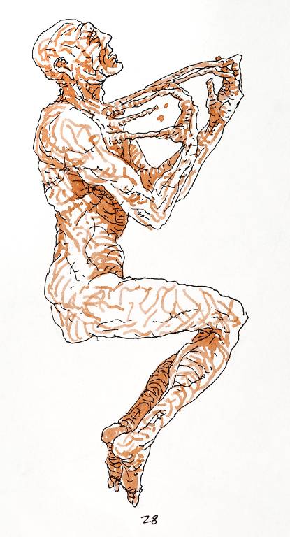 Ilustração de Lourenço Mutarelli para edição de ‘A Metamorfose’, obra de Kafka relançada pela Antofágica, mostra o protagonista da trama se transformando em uma barata&#8194;