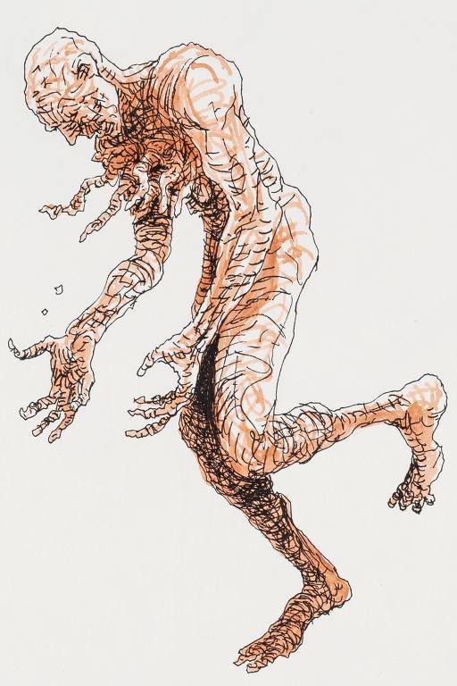 Ilustração de Lourenço Mutarelli para edição de ‘A Metamorfose’, obra de Kafka relançada pela Antofágica, mostra o protagonista da trama se transformando em uma barata&#8194;