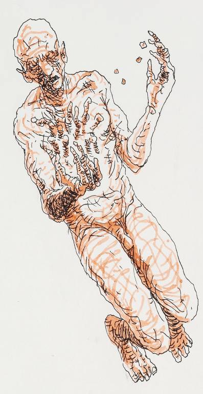 Ilustração de Lourenço Mutarelli para edição de ‘A Metamorfose’, obra de Kafka relançada pela Antofágica, mostra o protagonista da trama se transformando em uma barata&#8194;