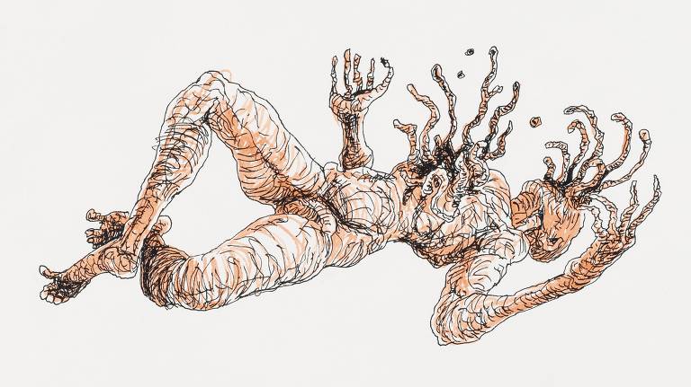 Ilustração de Lourenço Mutarelli para edição de ‘A Metamorfose’, obra de Kafka relançada pela Antofágica, mostra o protagonista da trama se transformando em uma barata&#8194;