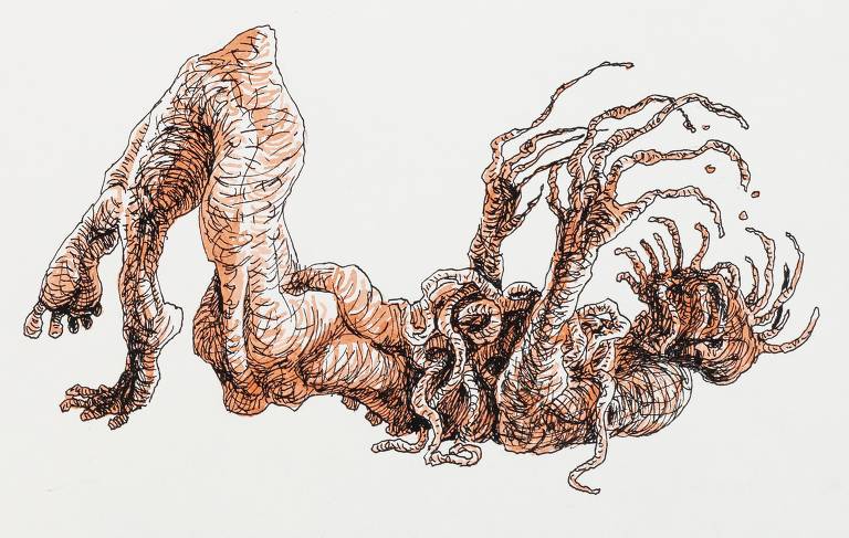 Ilustração de Lourenço Mutarelli para edição de ‘A Metamorfose’, obra de Kafka relançada pela Antofágica, mostra o protagonista da trama se transformando em uma barata&#8194;