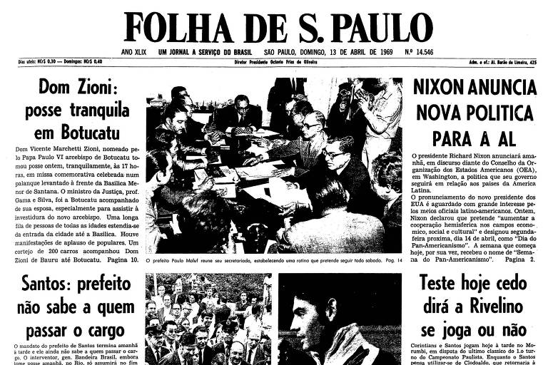 Primeira página da Folha de S.Paulo de 13 de abril de 1969