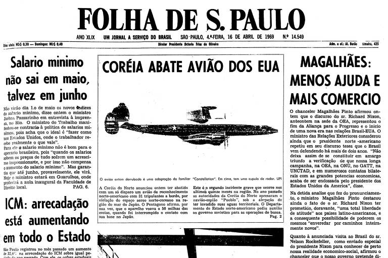 Primeira página da Folha de S.Paulo de 16 de abril de 1969