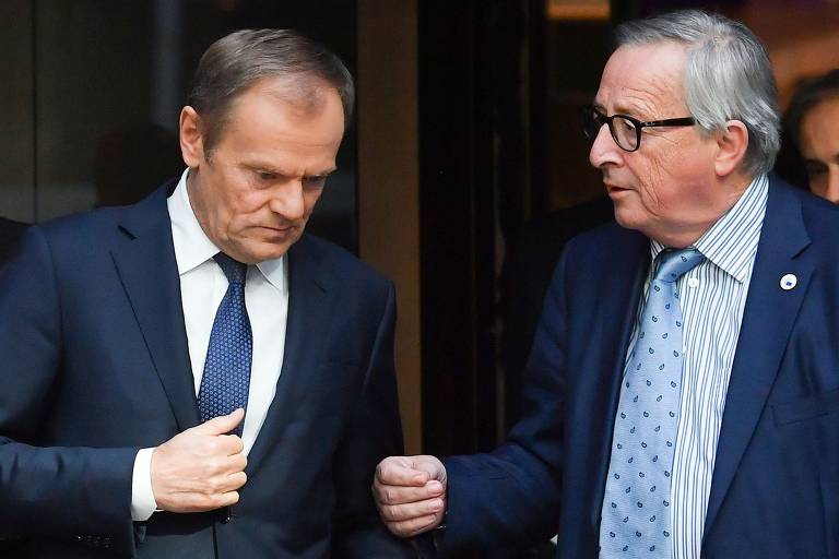 Donald Tusk e Jean-Claude Juncker, os exasperados: foram, respectivamente,
os presidentes Conselho Europeu (colegiado de chefes de Estado e de governo do bloco) e da Comissão Europeia (braço executivo da UE). Estiveram na linha de frente das conversas com Londres entre 2016 e 2019