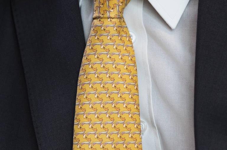 Detalhe da gravata de Temer durante entrevista exclusiva do ex-presidente à Folha. Ele afirma que é alvo de "núcleo punitivista" do Ministério Público