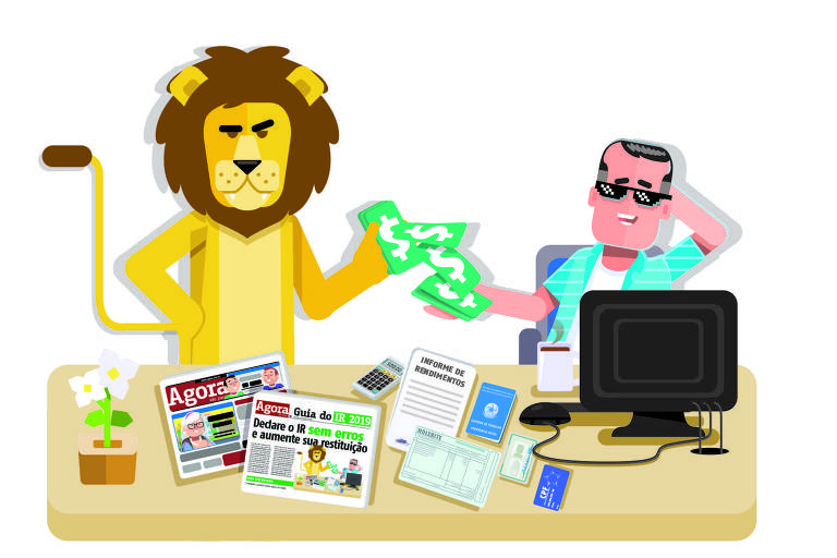 Ilustração mostra Leão segurando dinheiro de contribuinte, que está na frente de um computador
