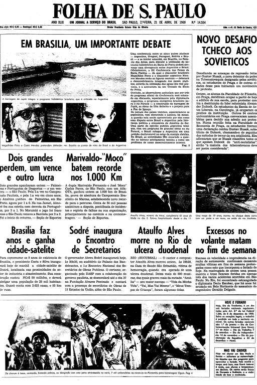 Primeira página da Folha de S.Paulo de 21 de abril de 1969