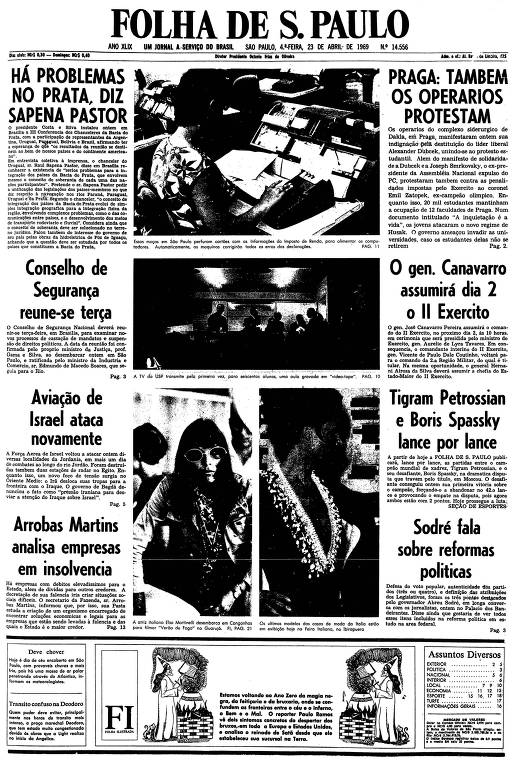 Primeira página da Folha de S.Paulo de 23 de abril de 1969