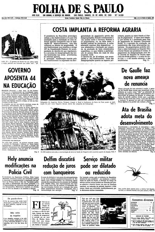 Primeira página da Folha de S.Paulo de 26 de abril de 1969