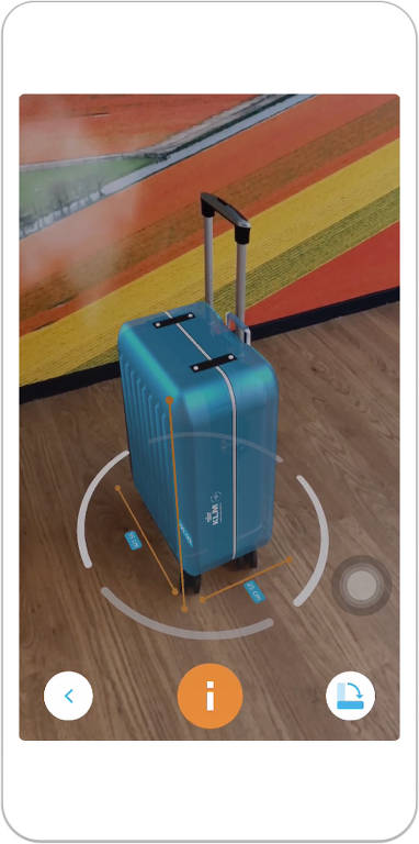 Aplicativo da companhia aérea KLM, que cria mala virtual, em realidade aumentada, para o passageiro checar o tamanho da sua bagagem. O app funciona também pelo Messenger, do Facebook