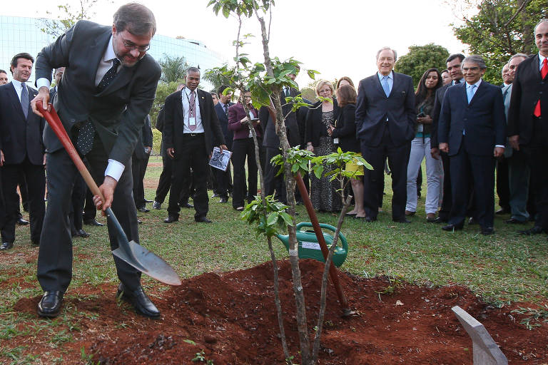 Ministro Dias Toffoli planta árvore no bosque do STF no intervalo de sessão do mensalão, em 2012