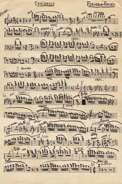 Arranjo de Pixinguinha, de 29 de agosto de 1938, para Carinhoso (parte de flauta e flautim), composição dele e de João de Barro, o Braguinha, na exposição sobre o músico no IMS do Rio de Janeiro
