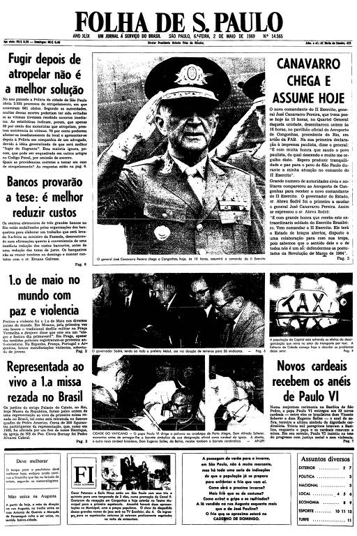 Primeira página da Folha de S.Paulo de 2 de maio de 1969