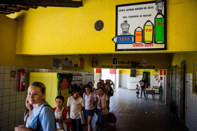 Alunos na escola E.I.E.F. Elpidio Ribeiro da Silva; quadro mostra progressão do estabelecimento no Ideb