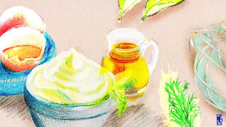 Ilustração de mesa com pote com maionese, jarra com azeite e ramo de planta