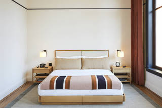 A guestroom at Shinola, a boutique hotel where everything from the sheets to the bedside clock are for sale.
