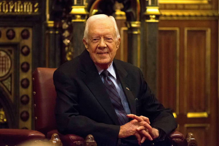 Jimmy Carter após uma palestra na Câmara dos Londres em Londres, em 2016