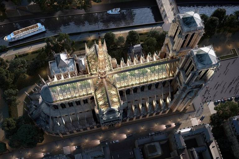 O estúdio de projeções em 3D Miysis propõe que o telhado da catedral de Notre Dame's seja um espaço público canteiros e árvores