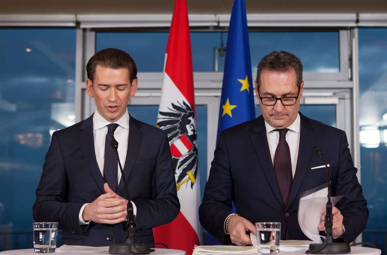 Ex-chanceler (premiê) da Áustria, Sebastian Kurz (esq.), e ex-vice-chanceler, Heinz-Christian Strache, anunciam seu programa de governo em 2017; com plataforma anti-imigração e nacionalista, ambos foram derrubados por escândalo envolvendo pedido de verbas a sobrinha de um oligarca russo