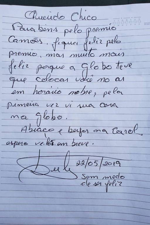 Carta que o ex-presidente Lula escreveu para Chico Buarque