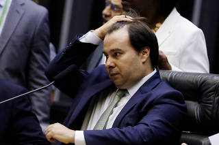 Brazil's Lower House President Rodrigo Maia gestures during a session at the plenary of the Chamber of Deputies in Brasilia