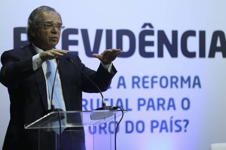 O ministro da Economia, Paulo Guedes, participou de evento sobre Previdência, nesta quarta-feira (22), em Brasília