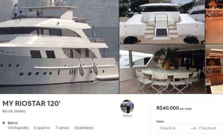Um iate é o terceiro espaço mais caro ofertado no Airbnb, na cidade do Rio de Janeiro. A embarcação, com seis quartos e oito banheiros, comporta até 14 pessoas. O valor da diária chegava a R$ 40 mil no dia 23 de maio de 2019