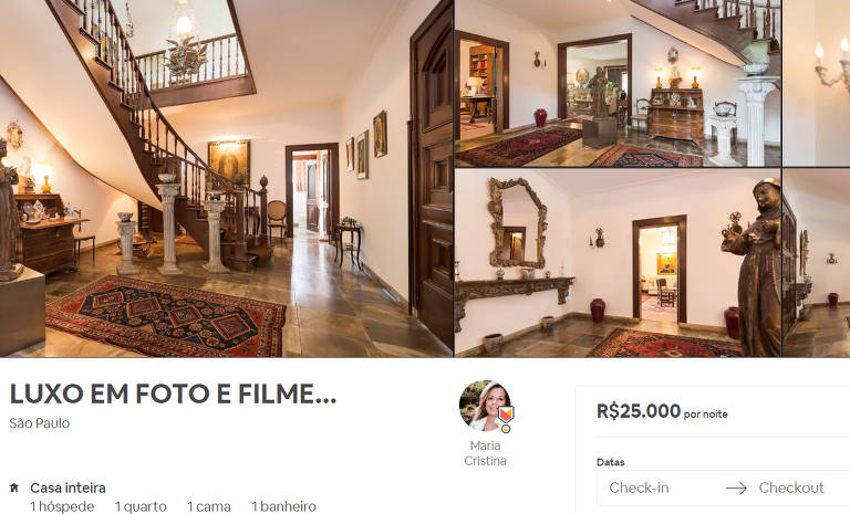 Em São Paulo, o imóvel mais caro disponível na plataforma é uma casa com piscina com amplo jardim na região do Morumbi, zona sul. O anúncio avisa que a oferta se restringe a uso do espaço para filmagem e fotos produzidos para campanhas publicitárias. Aluguel de um dia: R$ 25 mil. Dado recolhido em 23 de maio de 2019