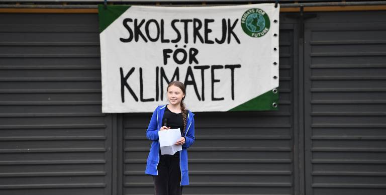 Greta Thunberg, a ativista sueca de 16 anos, discursou na 'Greve Global pelo Futuro" em Estocolmo, nesta sexta (24)
