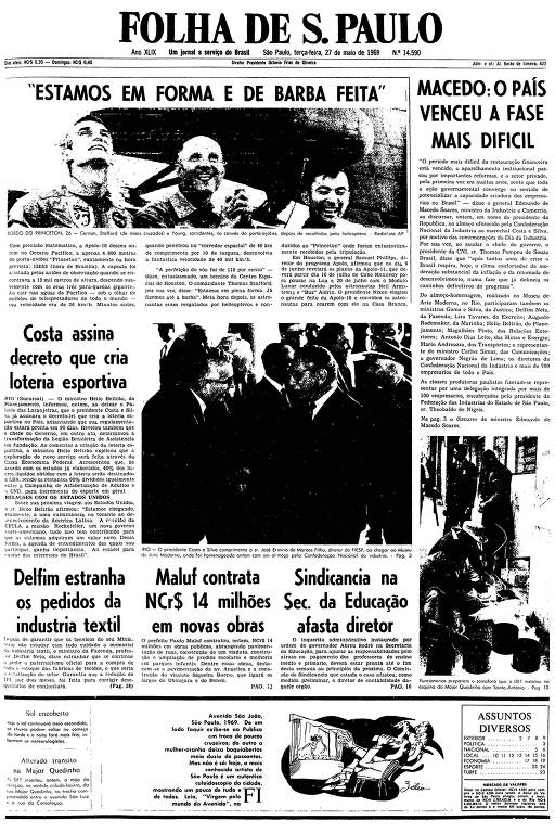 Primeira página da Folha de S.Paulo de 27 de maio de 1969