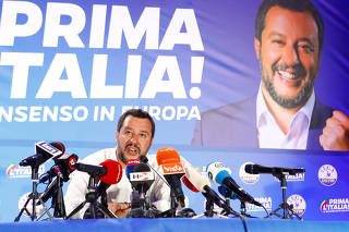 Italian Deputy Prime Minister and leader of far-right League party Matteo Salvini speaks during his European Parliament election night event in Milan