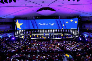 A general view of the Plenary Hall during the election night for European elections at the European Parliament in Brussels