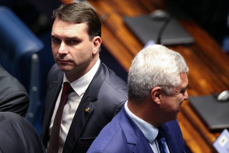 Os senadores Flávio Bolsonaro (PSL-RJ) e Major Olímpio (PSL-SP), durante sessão no Senado . destinada a votar a MP 870, da reestruturação administrativa do governo Bolsonaro. No início da sessão, o presidente leu uma carta do presidente da república Jair Bolsonaro, solicitando aos senadores a aprovação sem alterações do texto que passou na Câmara