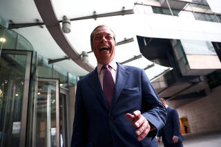 Leader of the Brexit Party Nigel Farage is pictured outside BBC building in London