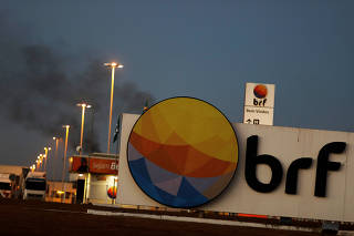FILE PHOTO: Meatpacking company BRF SA's logo is pictured in Lucas do Rio Verde