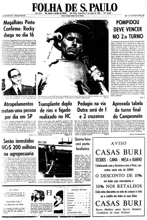 Primeira página da Folha de S.Paulo de 3 de junho de 1969
