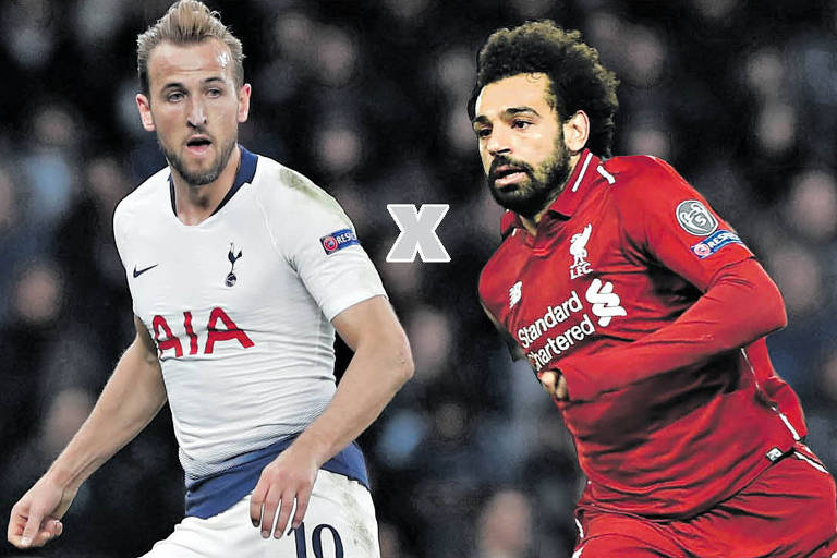 O Tottenham, de Harry Kane (à esquerda), tentará acabar com o favoritismo do Liverpool, de Salah, na final da Liga dos Campeões da Europa