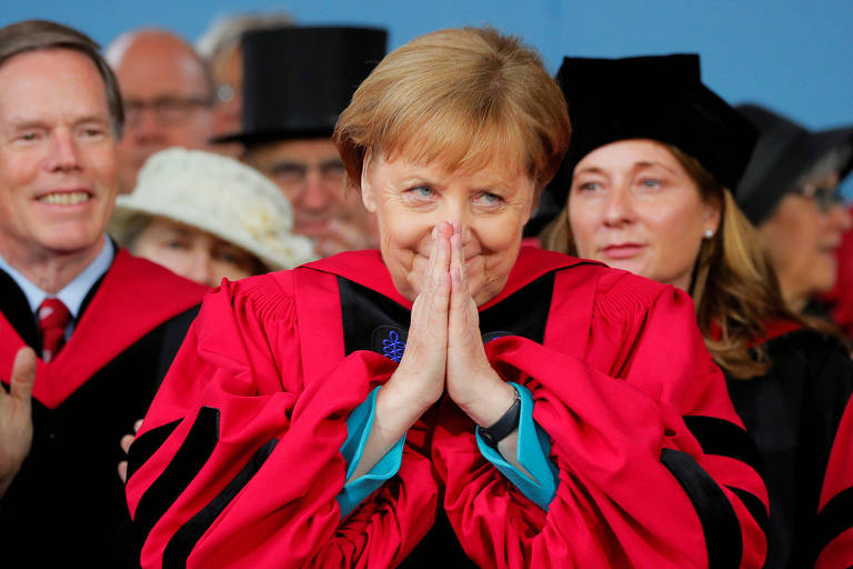 A chanceler da Alemanha, Angela Merkel, durante discurso em Harvard